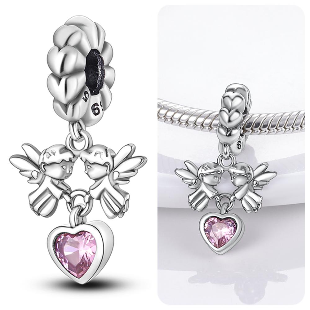 Color Trunk Heart Shape Bow Pink Charms Beads Fit Original Bracelets Copper Fine Diy Birthday Women Jewelry Gift