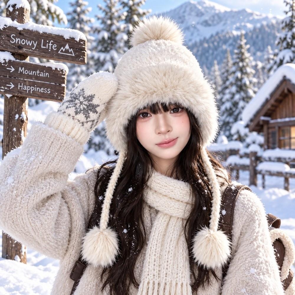 Polyester Faux Fur Hat Thick Warm Winter Knitted Hat Cozy Fair Isle Trapper Hat For Women