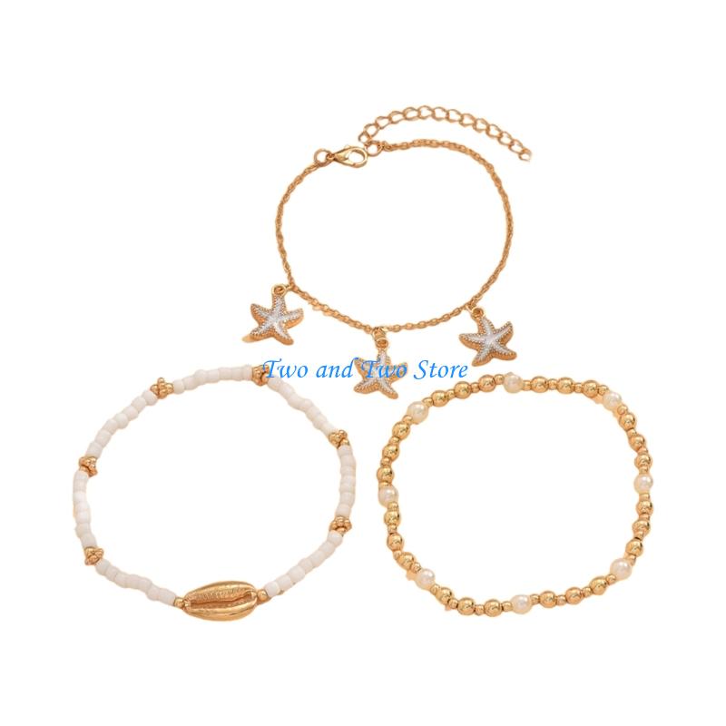 HX6F Multilayer Glass Bead Ankle Bracelet Seashells Designs Bohemian Foot Jewelry Pieces