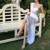 BITCED Summer Women's Solid-Colour Slim-Fit High-Waisted Fashion Strapless Sleeveless Mesh Dress