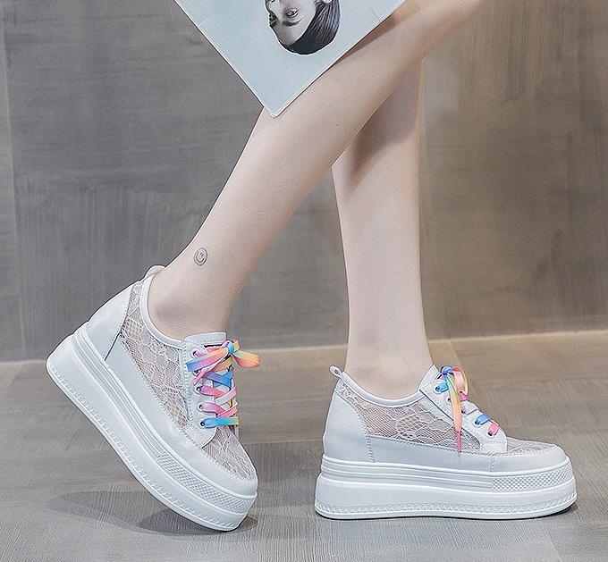 8cm Lace Air Mesh Chunky Sneakers Wedge Platform Breathable Hollow Vulcanized Summer Spring Fashion Cow Genuine Leather Ladies