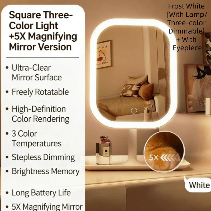Adjustable 3 Color Light LED Makeup Mirror USB Rechargeable Brightness Cosmetic Mirror 270° Rotation Desktop Vanity Mirror