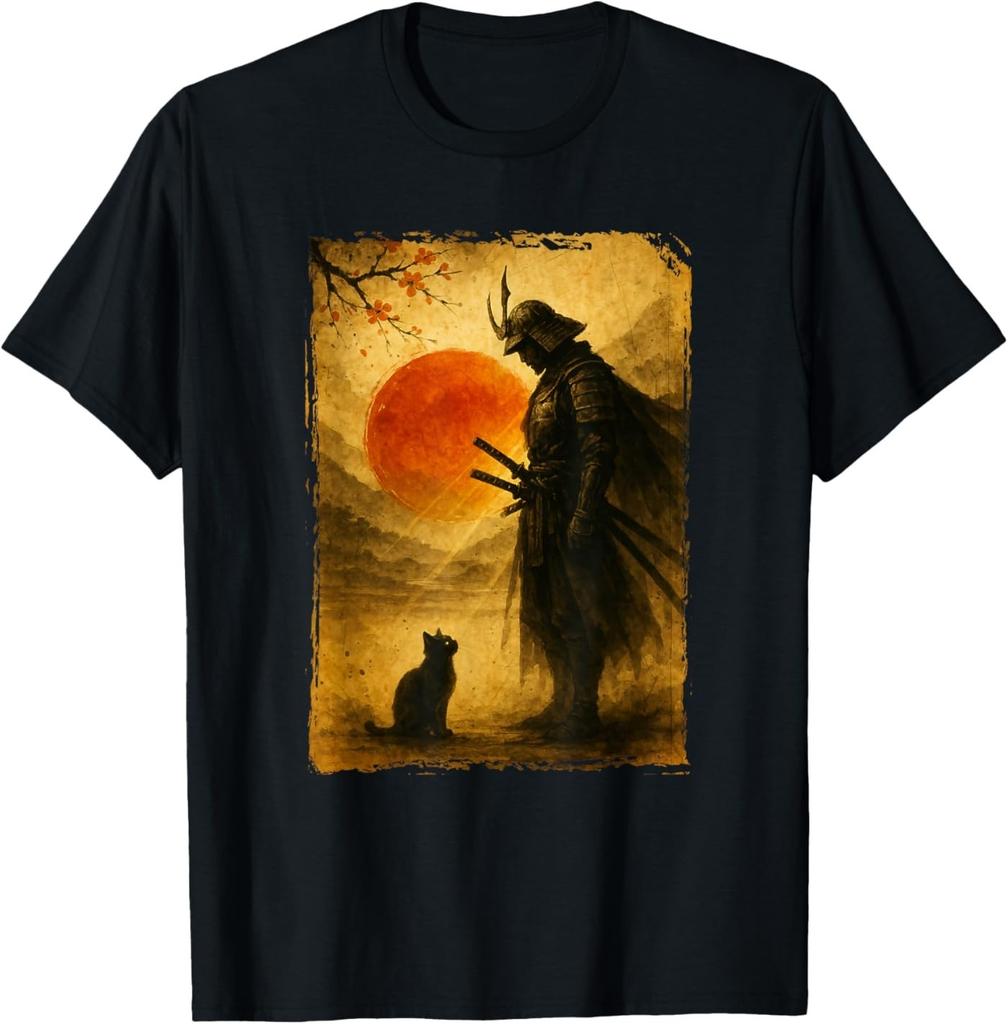 Samurai Warrior & Fighter Black Cat, Vintage Japanese Art T-Shirt
