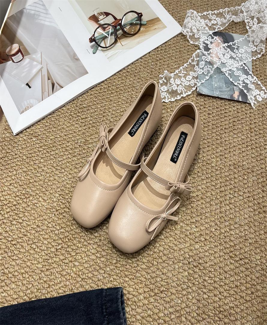 

Leather version~ Leather French retro flat-bottomed bow light-mouth single shoes women s new silver Mary Jane evening shoes 39 телесный