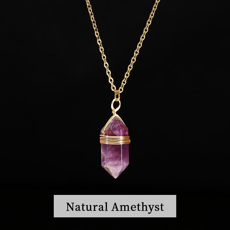 JD Natural Stone Amethyst Yellow Tiger Eye Obsidian Hexagon Column Charm Necklace Women Men Fashion Energy Healing Chain Choker