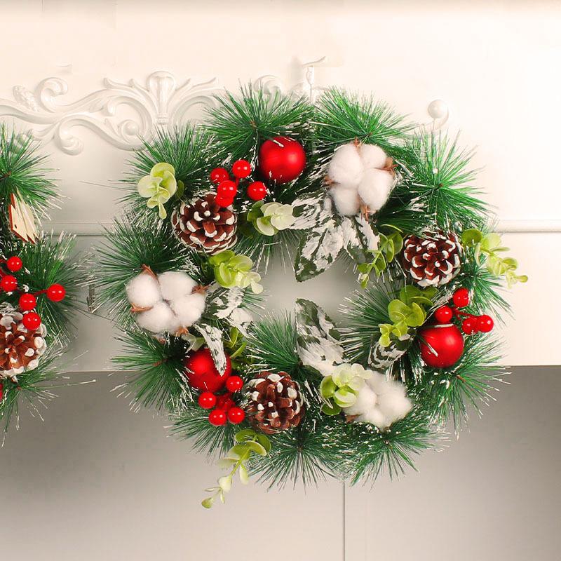 Zhongran Christmas Cotton Pine Cones Wreath Door Hanging Christmas Ball Wreath Window Decoration Props Holiday Rattan Wall Hanging