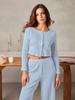 European Fashion Long Sleeve Jacquard Pajama Set with Hollow Design - Sexy Slim Fit Long Pants Home Wear