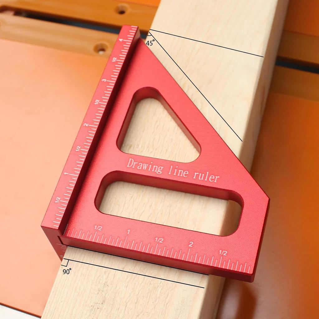 Aluminum Alloy Red Miter Triangle Ruler 45°/90° Woodworking Square Protractor - 3D Multi Angle Layout Measuring Tools