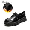 Autumn Winter Plush Thick Sole Loafers Black Lace Up Retro British Style Leather Mid Heel Pumps Shoes for Women Zapatos De Mujer