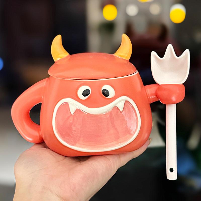 

Cute Cartoon Devil Shape Ceramic Mug with Lid Spoon Creative Halloween Gift Souvenir Home Cup 420ml