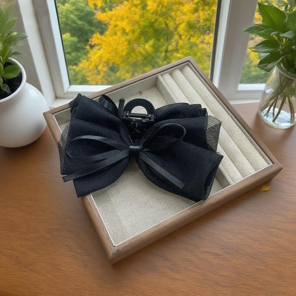 Black Mesh Bow Claw Clip for Thick Hair - Elegant Updo Headwear for Women