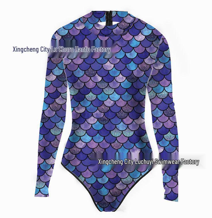 Mermaid Style 3D Fish Scale Women's Long Sleeve One-Piece Swimsuit