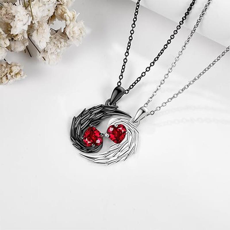 2Pcs Red Rhinestone Angle Feather Pendant Couple Necklace Set Valentine'S Day Gifts For Women Men Jewelry Accessories