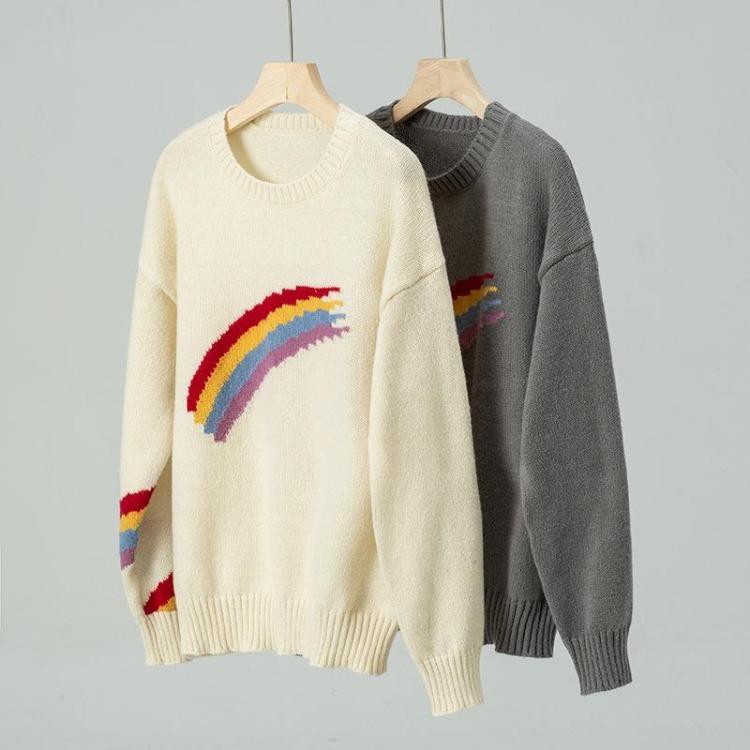 Loose Knitwear Vintage Cardigan Long Sleeve O Neck Top for Autumn Winter Print Sweater