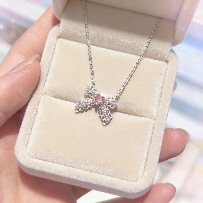 Sweet Lace Bow Heart Pink Zircon Necklace Minimalist Elegant Clavicle Chain Fashion Women Daily Wear Zircon Birthday Gift