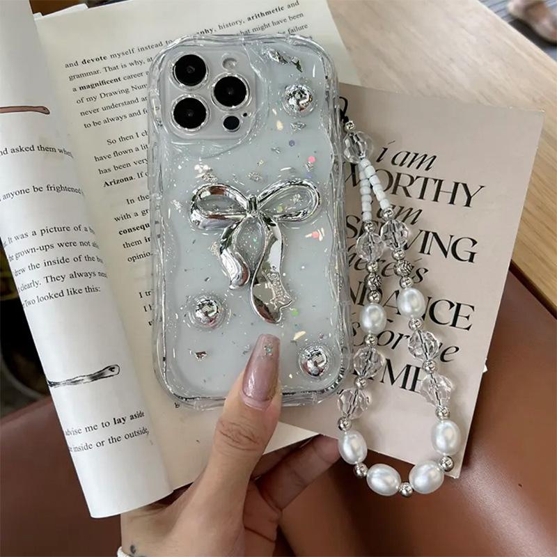 Silberne Perlen Schleife Handyhülle für IPhone17promax Vollständiges Paket für Apple 16plus Fallschutz 14 Handschlaufe