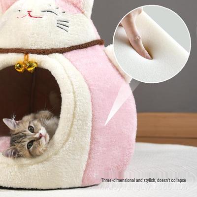 Winkende Katze Design Warmes Haustierbett: Herbst/Winter Stil, Halbgeschlossen für Katzen und kleine bis mittelgroße Hunde