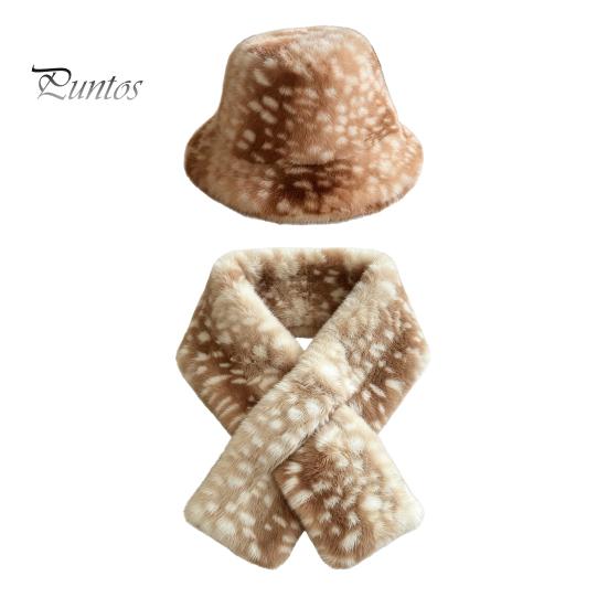 Cute Aesthetic Winter Hat Women Spotted Deer Hat, Faux Fur Bucket Scarf, Brown White Gradient Soft Cozy Furry Fisherman for Girls, Autumn Accessory