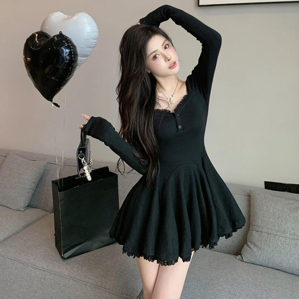 Sexy Solid Knit Dress with Tight Long Mini Square Lolita Short Perfect for Everyday and Dates [SDSXZWG] Women's Fit, Sleeves, Lace, Neck, A-Line,