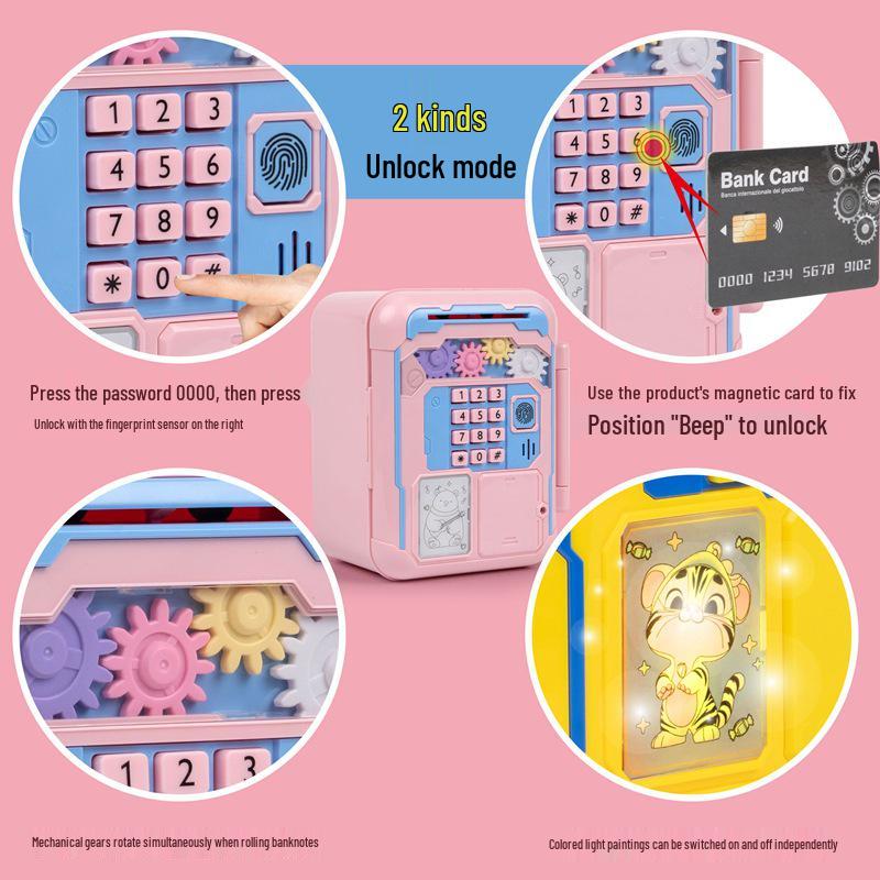Children’s Mechanical Gear Piggy Bank with Automatic Bill Rolling, Password Lock, Music, and Card Reading Door