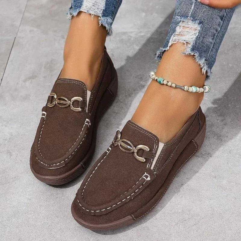 Female Shoes on Sale 2025 Brand Slip on Women's Flats Autumn Round Toe Solid Metal Decoration Low-heeled Rubber Daily Loafers