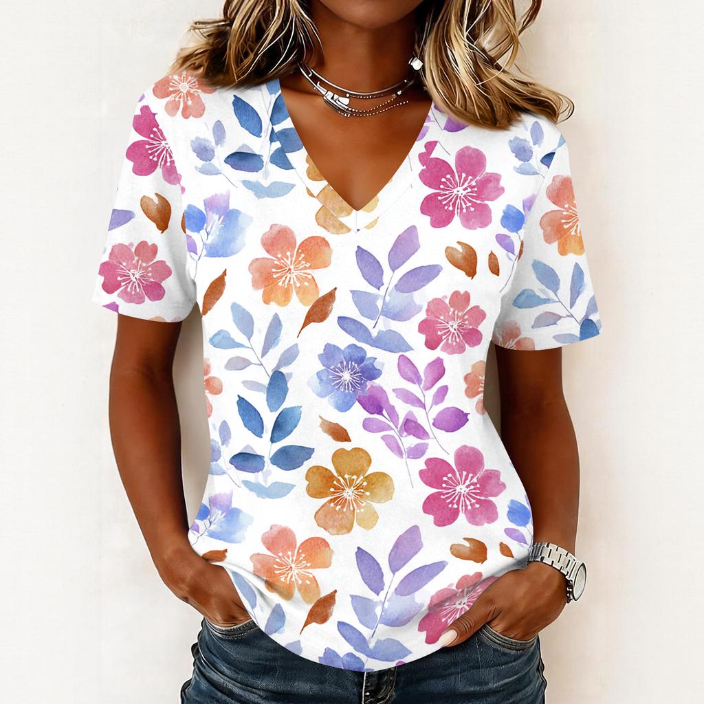 Women's fashionable casual short-sleeved floral print V-neck pullover top