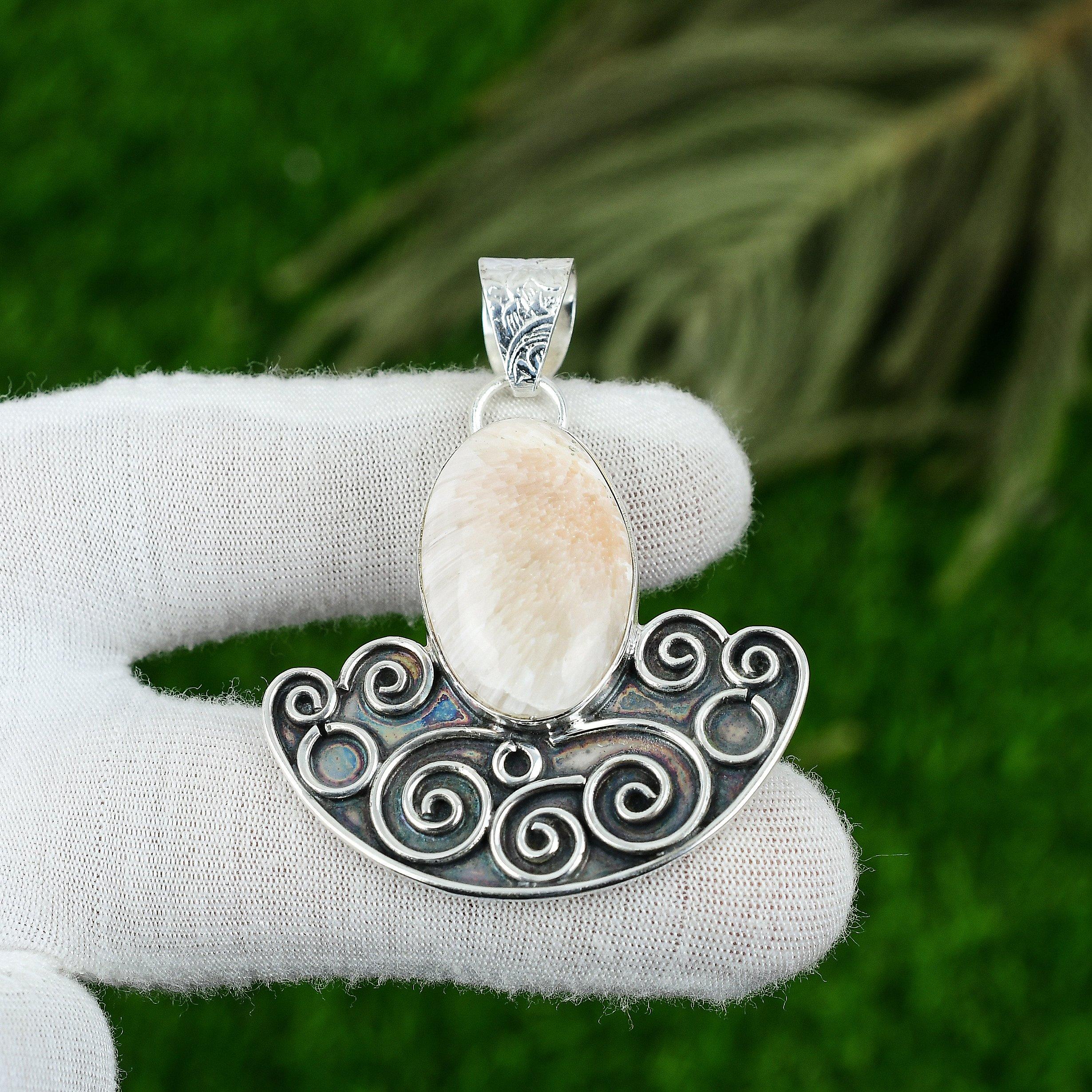 925 Sterling Silver Crown Chakra Oval Scolecite Stone Daughter Wedding Pendant