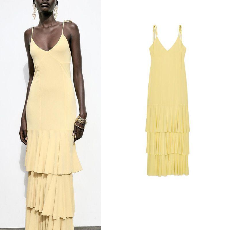 Summer New Product Women's Clothes Bows Shoelace Fashion Laminated Decoration V Neck Midi Skirt Dress 5039212