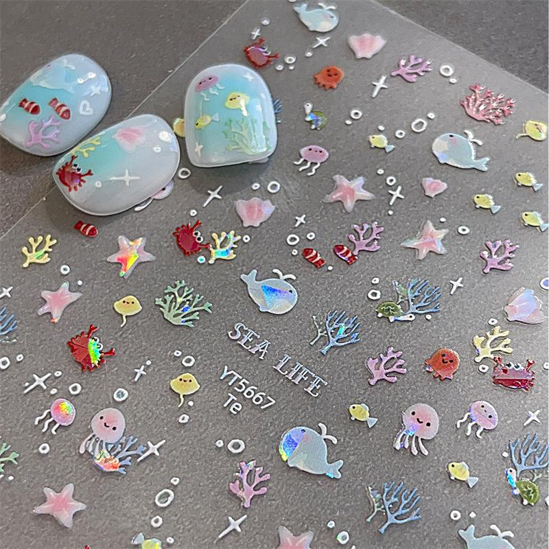5D Fantasy Beach Summer Dreamy Colorful Starfish Shell Jellyfish Coral Jelly Decals Decoration Nail Art Sticker Manicure Salon