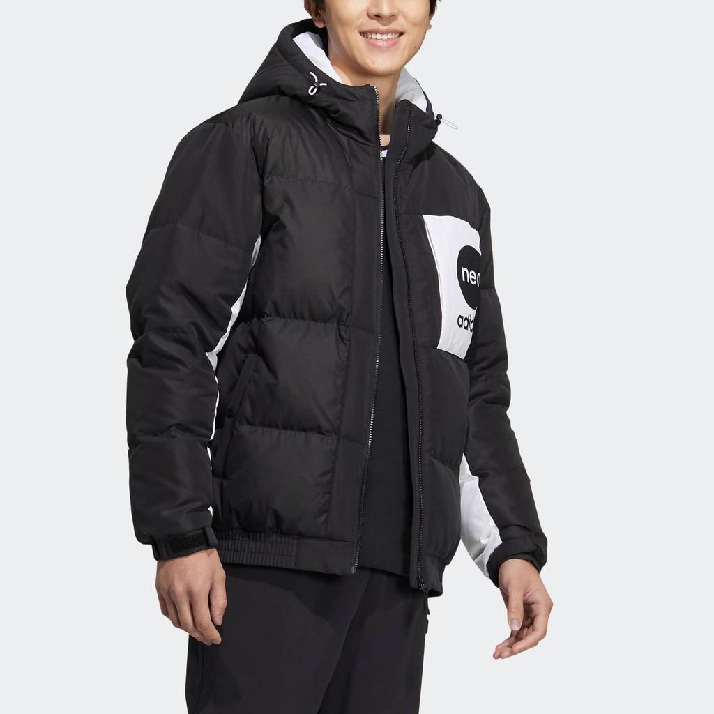 Adidas Neo Printed Large Logo Letter Hooded Zip Down Jacket Unisex Outerwear Black HM6171