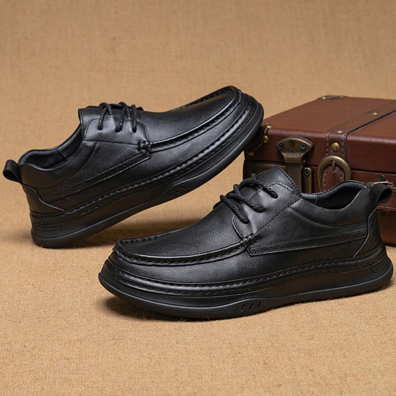 Mid To Old Age Men's Round Top Cowhide Leather Shoes for Autumn and Winter New Soft Soled Low Cut Business Cocktail Casual Leather Shoes