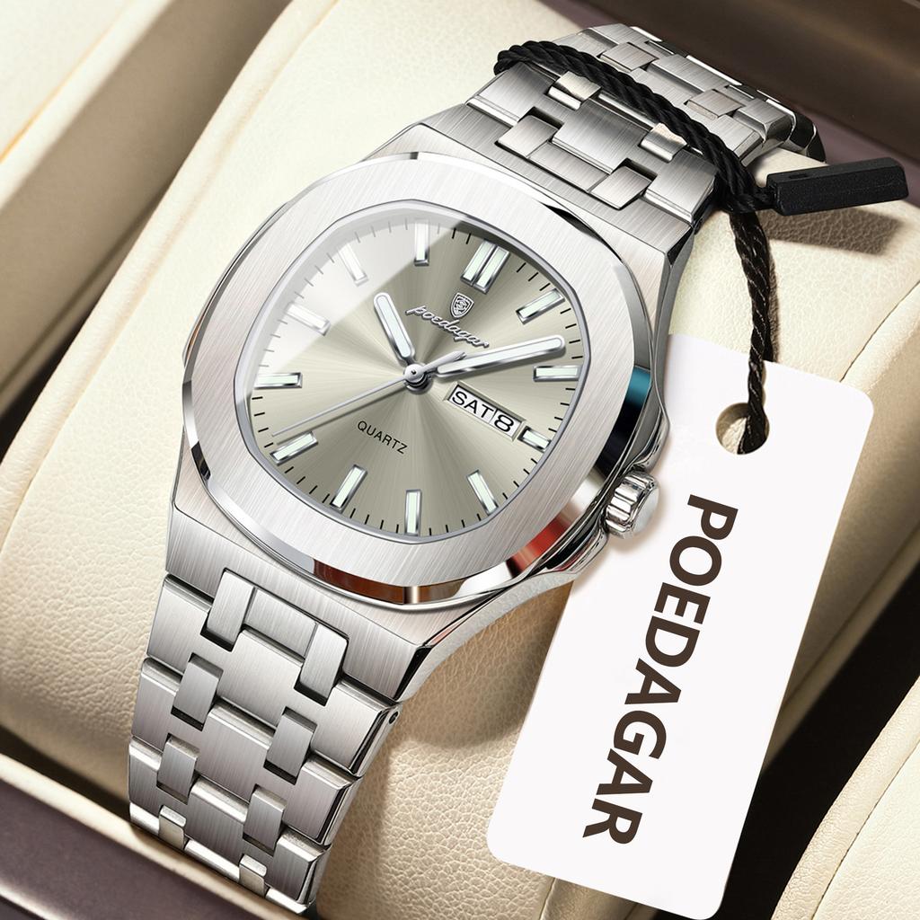 POEDAGAR Square Woman Watch Date Week Waterproof Luminous Ladies Watch Stainless Steel Quartz Fashion Watches Gift