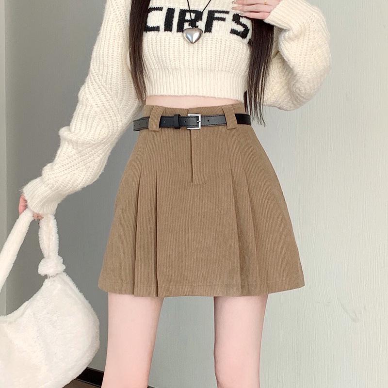 2026 Autumn/Winter Korean Academy Corduroy High-Waist A-line Pleated Skirt