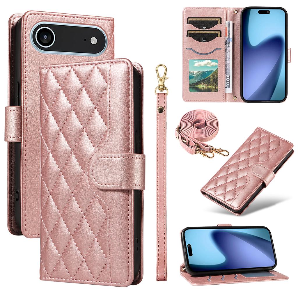 For iPhone 17 Air Wallet Case Rhombus Leather Phone Cover with Strap