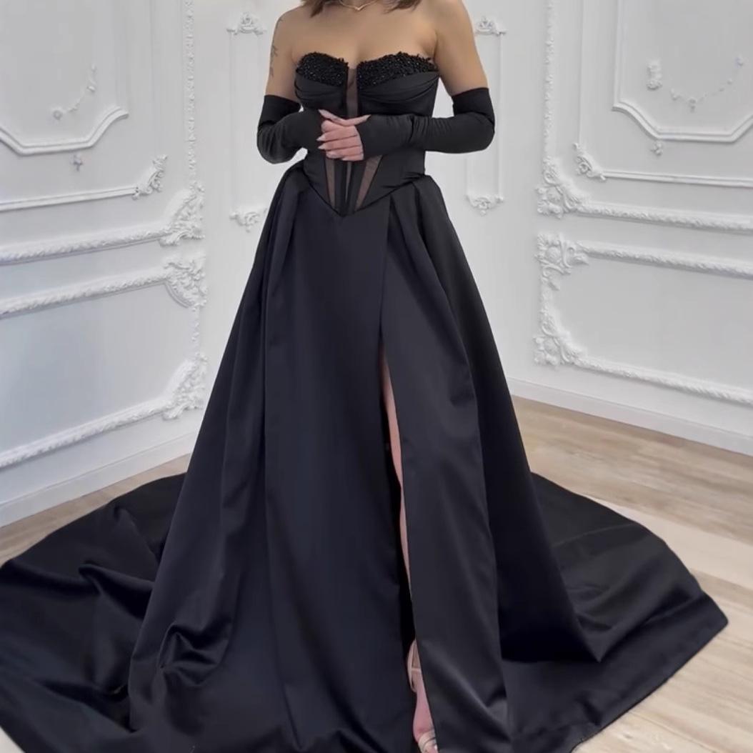 

Элегантное кружевное платье с вырезом на талии и разрезом - Сексуальный европейский и американский стиль M чёрный