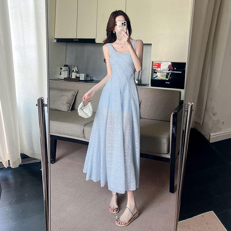 Women's Elegant French Blue Spaghetti Strap Maxi Dress