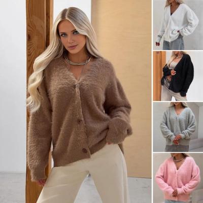 Damen Strickmantel V-Ausschnitt Langarm Knöpfe Knopfleiste Strickmantel Einfarbig Elastisches Gewebe Lockere Passform Freizeit Pullover