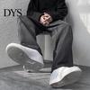 Strong Denim Fabric Overalls Men Jeans Wide Leg Pants Baggy Trouser Fashion Loose Retro Straight Solid-color Waist Button Long Washed Blend