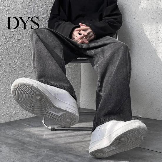 Strong Denim Fabric Overalls Men Jeans Wide Leg Pants Baggy Trouser Fashion Loose Retro Straight Solid-color Waist Button Long Washed Blend