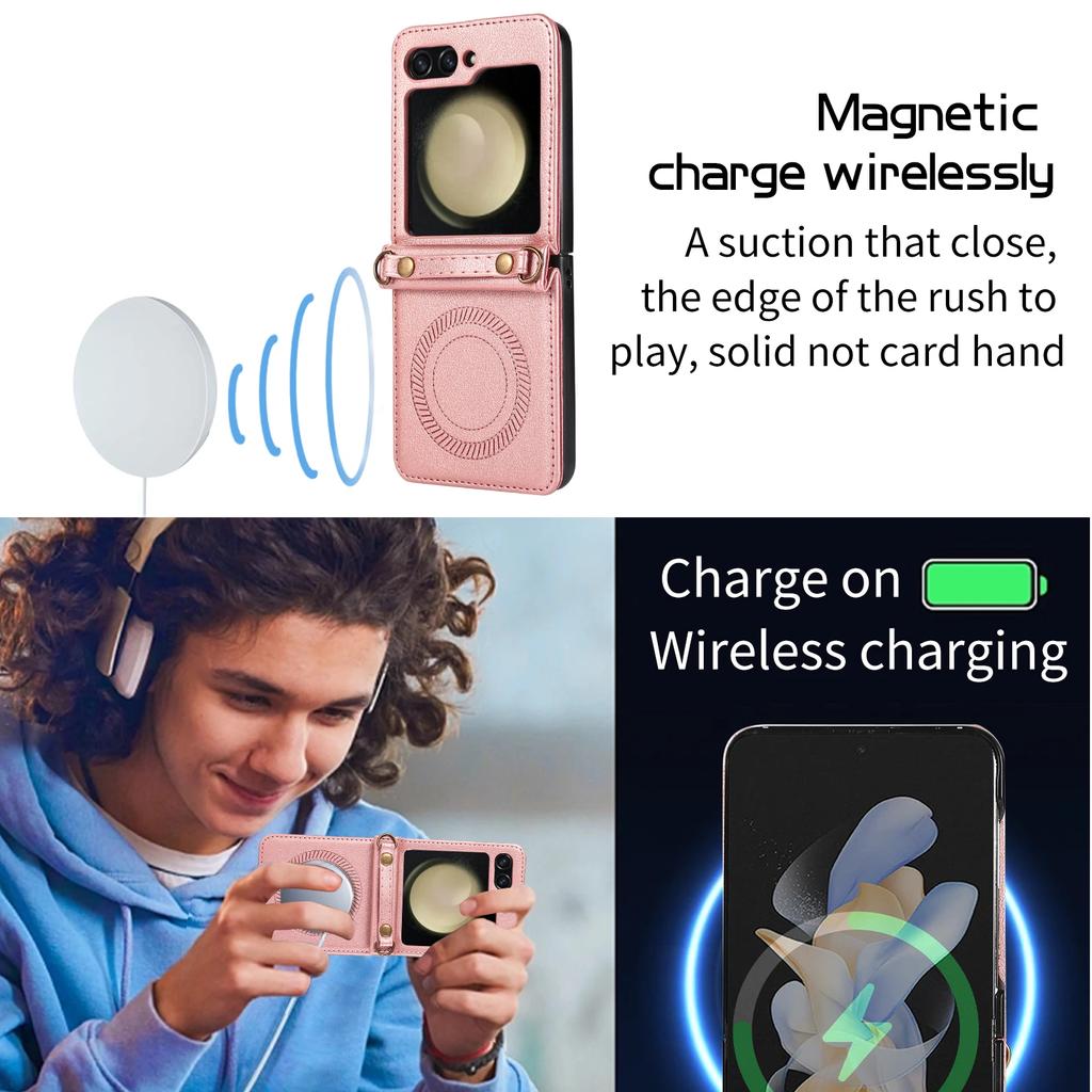 Magnetic Crossbody Leather Phone Case For Samsung Z Flip 6 5 4 3 5G Flip5 Long Rope For Magsafe Wireless Charging Lanyard Cover