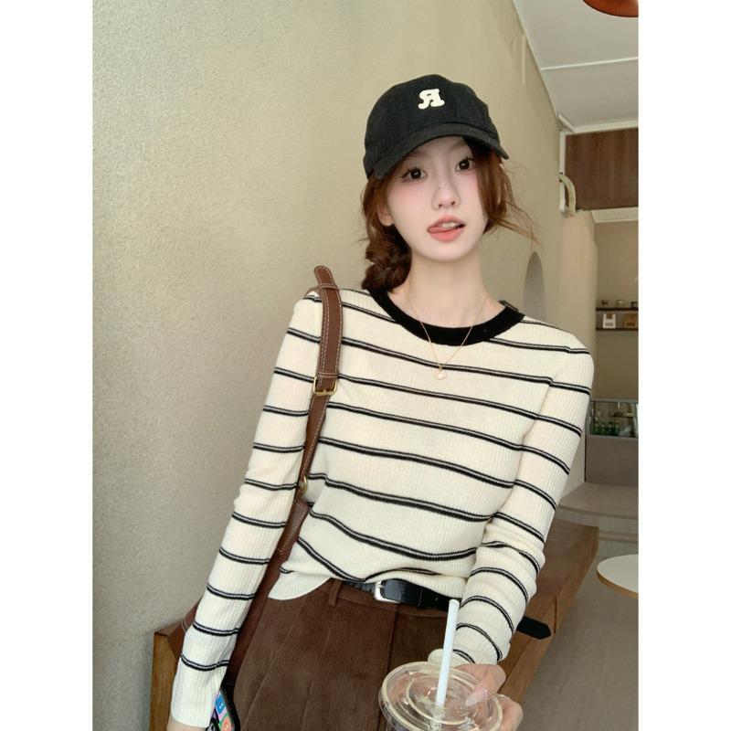 

Pullover crew neck sweater women s contrasting striped knitted bottoming shirt spring age-reducing casual long-sleeved top L