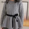 2025 Koreanischer Stil Frühling Herbst Damenpullover Kurzer O-Ausschnitt Aprikose Grau Uni Gestrickter Pullover Elegant Feminin Damenpullover mit Schärpen