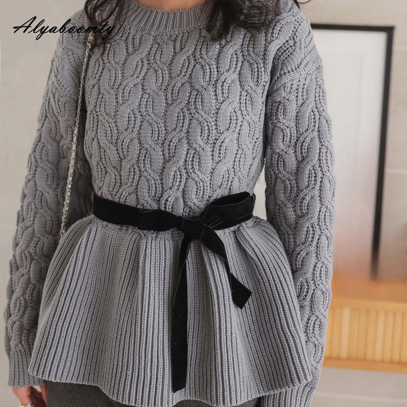 2025 Koreanischer Stil Frühling Herbst Damenpullover Kurzer O-Ausschnitt Aprikose Grau Uni Gestrickter Pullover Elegant Feminin Damenpullover mit Schärpen