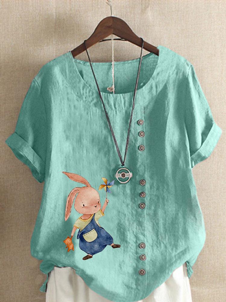 Women's Fashion Fashionable Rabbit Print Shot Sleeve T-shirt Loose Cotton Shirt Casual Loose Summer Blouse Tops Plus Size
