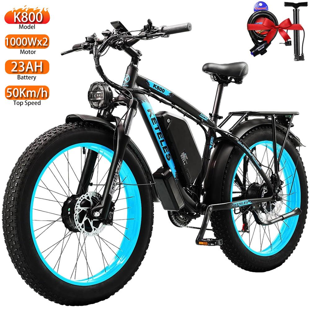 Electric Bicycle Keteles K800 26" 1000Wx2 Motor Adult Ebike 48V 23AH All Terrain Fat Electric Bike 21 Speed LED Display Blue