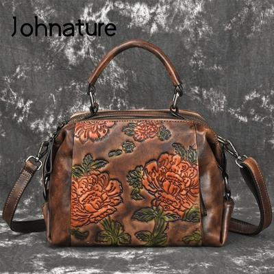 Retro Embossing Flower Women Bag Genuine Leather Handbag Cowhide Large Capacity Shoulder & Crossbody Bags