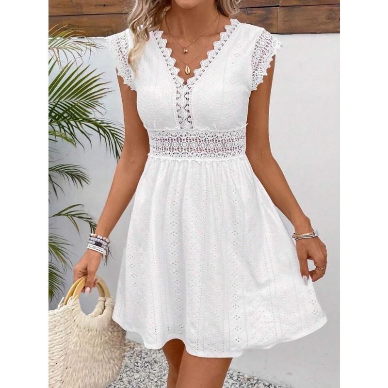 Women s lace splicing sexy waist hollow jacquard V-neck dress S белый