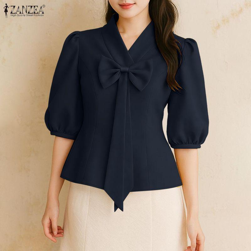 ZANZEA Damen Freizeit V-Ausschnitt Einfarbig Halbarmausbluse