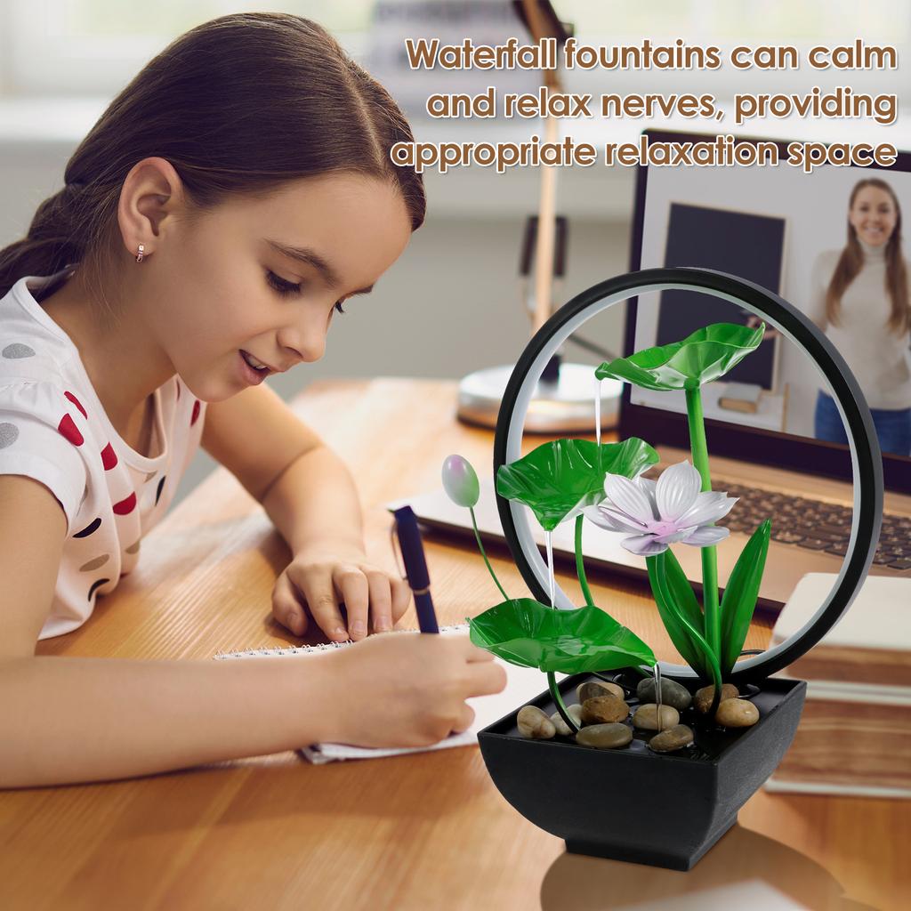 Water Lily Tabletop Fountain With Natural Stone USB Charging Desk Fountain With Built In Pump 3 Tiers Green Leaf Waterfall