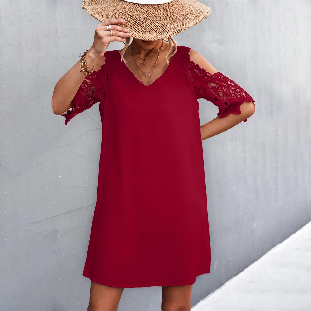 Fashion Women Solid Color V-Neck Off-Shoulder Dress Casual Loose Piece Dress